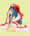  blue_hair bottomless bra chiri chiri_(o9o9) closed_eyes cosplay hat hinanawi_tenshi lingerie long_hair nagae_iku nagae_iku_(cosplay) scarf solo touhou underwear 