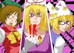  all-out_attack animal_ears bespectacled blonde_hair brown_hair cat_ears chen glasses hat jont parody persona persona_4 short_hair touhou yakumo_ran yakumo_yukari 