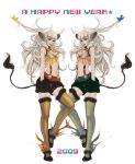  animal_ears cow_ears cow_tail hands_in_pockets highres horns long_hair navel new_year original sheepme shorts suspenders tail thigh-highs thighhighs 