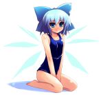  1girl barefoot blue_hair blush cirno one-piece one-piece_swimsuit ribbon ribbons shin_(new) short_hair swimsuit touhou wings 