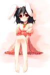  1girl animal_ears barefoot black_hair blush bunny_ears carrot carrots feet food_themed_clothes inaba_tewi rabbit_ears red_eyes shin_(new) short_hair touhou 