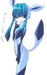  1girl aqua_eyes artist_request bangs blue_hair costume flat_chest glaceon moemon personification pokemon simple_background smile solo tail white_background 