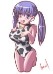  bell blue_eyes blue_hair cow_bell cow_print kneeling long_hair one-piece one-piece_swimsuit original swimsuit tongue twintails 