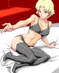  bed black_legwear black_panties black_thighhighs blonde_hair bra come_hither earrings gray_thighhighs green_eyes hands high_heels jewelry lingerie neon_genesis_evangelion outstretched_arm outstretched_hand panties reaching shoes short_hair sitting thigh-highs thighhighs underwear 
