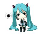  aqua_eyes aqua_hair bangs bare_shoulders blush boots chibi chin_stroking detached_sleeves hatsune_miku headset ino long_hair necktie pleated_skirt simple_background skirt solo standing thigh_boots thighhighs twintails very_long_hair vocaloid zettai_ryouiki 