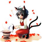  1girl animal_ears autumn black_hair blush brown_eyes cat_ears cat_tail chen english fish hat multiple_tails ribbon ribbons shin_(new) tail touhou translated 
