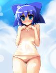  1girl blue_eyes blue_hair blush cirno one-piece one-piece_swimsuit ribbon ribbons shin_(new) short_hair sky swimsuit touhou 