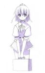  monochrome purple ribbon seo_tatsuya shameimaru_aya short_hair skirt suitcase tokin_hat touhou v_arms 