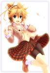  bike_shorts blonde_hair blue_eyes crossdressing crossdressinging headphones highres hirobakar kagamine_len male plaid skirt tartan trap vocaloid 