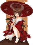  bad_id barefoot between_toes blush brown_hair cat_ears feet japanese_clothes kimono kuchibue mouth_hold oriental_umbrella short_hair squat squatting tail toe_grab umbrella 