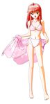  90s barefoot bikini fujisaki_shiori hairband highres kokura_masashi konami long_hair official_art open_mouth pink_bikini red_eyes red_hair redhead sarong scan smile string_bikini swimsuit tokimeki_memorial tokimeki_memorial_1 towel 