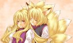  bad_id blonde_hair fox_ears fox_tail happy kyuubi long_hair ogera_okera purple_eyes short_hair tail touhou violet_eyes yakumo_ran yakumo_yukari 