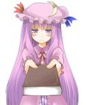  book crescent gift hat holding holding_book holding_gift incoming_gift long_hair moon pajamas patchouli_knowledge purple_eyes purple_hair ribbon toobane touhou tsundere violet_eyes 