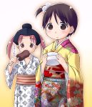  boned_meat brown_eyes brown_hair eating food hexagon ichigo_mashimaro itou_chika japanese_clothes kagami_mochi kimono matsuoka_miu meat multiple_girls natsukon one_side_up ponytail shippou_(pattern) short_hair side_ponytail twintails yukata 