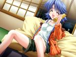  ^_^ blue_hair closed_eyes cordless_phone game_cg jacket katsuragi_kao miyama-zero phone princess_bride short_hair smile solo source_request 