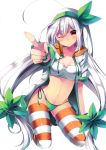  1girl absurdres ahoge bandeau bikini bracelet breasts cleavage green_panties hairband highres hooded_jacket jacket jewelry long_hair looking_at_viewer mishima_kurone navel original panties pointing red_eyes side-tie_bikini smile solo striped striped_legwear swimsuit thigh-highs underwear very_long_hair white_hair wink 