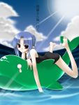  blue_hair feet hair_up inflatable_dolphin len nimiya ocean one-piece_swimsuit pointy_ears red_eyes solo sunbeam sunlight swimsuit tsukihime water 