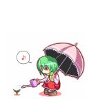  bad_id blush_stickers chibi green_hair kazami_yuuka loafers musical_note musical_notes parasol plaid plaid_skirt plaid_vest plant plants red_eyes saya_(sayamendo) scarf shoes short_hair simple_background skirt skirt_set smile speech_bubble spoken_musical_note squat squatting touhou umbrella watering_can white_background 