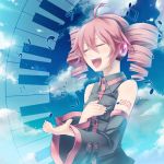  closed_eyes detached_sleeves drill_hair hand_on_own_chest headphones headset kasane_teto musical_note open_mouth piano_keys pink_hair singing smile solo twintails utau yumeno_mikan 