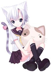  blue_eyes cat_ears child kiira original panties school_uniform skirt striped striped_panties tail underwear white_hair 