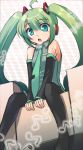  :o detached_sleeves green_hair hatsune_miku long_hair musical_note musical_notes necktie okaka pantyhose thigh-highs thighhighs twintails vocaloid 