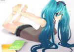  arched_back bad_id barefoot blue_eyes blue_hair book duca feet hands_on_feet hatsune_miku holding_own_foot long_hair skirt stretch trembling twintails vocaloid yoga 