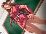  breasts brown_hair chalkboard dutch_angle game_cg large_breasts long_hair nail_polish panties panties_under_pantyhose pantyhose red_nails tan_pantyhose teacher tennin_kyoushi the_seiji underwear upskirt whip 