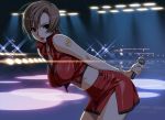  breasts brown_hair cleavage crop_top hanging_breasts highres ino large_breasts lipstick looking_at_viewer making_of meiko microphone midriff short_hair side_slit solo stage vocaloid 