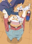  1boy 2girls arai_hiroki arm_hair beard black_hair closed_eyes facial_hair family father_and_daughter freckles glasses hat headband highres lifting_person little_witch_academia long_hair lotte_yanson mother_and_daughter multiple_girls mustache open_mouth orange_hair overalls parent_and_child pipe robe round_glasses shirt short_hair skirt witch witch_hat 