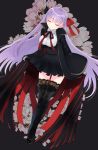  1girl bb_(fate/extra_ccc) black_legwear closed_eyes closed_mouth commentary_request dress eyebrows_visible_through_hair fate/extra fate/extra_ccc fate_(series) floral_background full_body gloves hair_ribbon highres lace lace-trimmed_thighhighs long_hair nagiki_kanae purple_hair red_ribbon ribbon smile solo thigh-highs very_long_hair zettai_ryouiki 