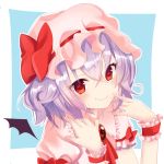  1girl bat_wings blouse blue_background blush bow brooch cravat finger_to_face hair_between_eyes hat hat_bow hat_ribbon jewelry looking_at_viewer mob_cap nekomiya_noru_(yuduki710) pink_blouse puffy_short_sleeves puffy_sleeves purple_hair red_eyes remilia_scarlet ribbon short_hair short_sleeves simple_background smile solo touhou upper_body wings wrist_cuffs 