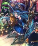  1girl artist_request asymmetrical_legwear blue_hair boots chestnut_mouth crown cygames detached_sleeves dual_persona frills fur_trim grin hair_over_one_eye hat long_hair microphone mirror multicolored_hair official_art red_eyes reflection remi_and_rami shadowverse shingeki_no_bahamut smile stuffed_animal stuffed_toy teddy_bear toy very_long_hair violet_eyes witch_hat 