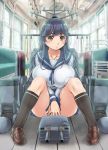  1girl blue_hair breasts brown_eyes erect_nipples kantai_collection kantori knees_on_chest large_breasts long_hair parted_lips school_uniform serafuku solo thighs ushio_(kantai_collection) 