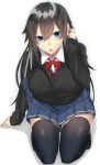  1girl :o adjusting_hair arm_at_side bangs black_hair black_legwear blue_eyes blue_skirt bow bowtie brown_shoes cardigan collared_shirt enomoto_shizuku eyebrows_visible_through_hair full_body hair_between_eyes hair_tucking hand_in_hair hand_up highres kneeling loafers long_hair long_sleeves looking_at_viewer miniskirt onineko-chan open_mouth original pleated_skirt red_bow red_bowtie school_uniform shirt shoes simple_background skirt solo teeth thigh-highs white_background white_shirt wing_collar 