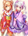  2girls alternate_hairstyle bow brown_eyes brown_hair candy candy_hair_ornament cowboy_shot double_bun double_v eyebrows_visible_through_hair floral_print flower flower_knight_girl food food_themed_hair_ornament frills hair_flower hair_ornament iberis_(flower_knight_girl) japanese_clothes kimono lollipop multiple_girls obi one_eye_closed portulaca_(flower_knight_girl) print_kimono purple_bow purple_kimono purple_skirt red_kimono sash shawl short_hair short_twintails signature skirt smile sorimura_youji standing twintails v violet_eyes white_background white_hair yukata 