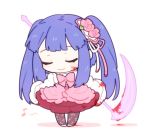  1girl blood blood_on_face blue_hair chibi closed_eyes dress flower furudo_erika hair_flower hair_ornament lowres musical_note rose scythe smile umineko_no_naku_koro_ni yang38 