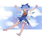  1girl arms_up artist_name barefoot bloomers blue_dress blue_hair blush cirno closed_eyes clouds dress flower full_body hair_ribbon hidden_star_in_four_seasons ice ice_wings open_mouth outstretched_arms puffy_sleeves ribbon short_hair short_sleeves sky smile solo sunflower tan touhou tuii underwear wings 
