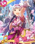  1girl character_name cherry_blossoms gloves hairband idolmaster long_hair microphone musical_note official_art open_mouth pointing shijou_takane silver_hair 
