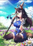  1girl animal_ears bandage bandage_on_face bandage_over_one_eye black_hair black_legwear breasts character_request cleavage cleavage_cutout copyright_request eyebrows_visible_through_hair field flower flower_field fox_ears fox_tail green_eyes holding holding_spear holding_weapon large_breasts long_hair looking_at_viewer navel polearm qurare_magic_library seiza shoonear sitting solo spear tail thigh-highs weapon 