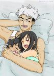  1girl 2boys age_difference armpits black_hair blanket closed_eyes female_protagonist_(pokemon_sm) green_nails guzma_(pokemon) hand_behind_head highres hug if_they_mated lying multiple_boys nail_polish pokemon pokemon_(game) pokemon_sm short_hair singlet smile twitter_username white_hair 