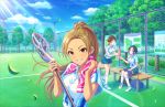  3girls alternate_costume artist_request bag bench black_hair blue_skirt blue_sky bottle breasts brown_eyes brown_hair checkered checkered_skirt closed_eyes grin hayami_kanade idolmaster idolmaster_cinderella_girls idolmaster_cinderella_girls_starlight_stage kneehighs lacrosse lacrosse_stick leaf long_hair looking_at_another looking_at_viewer low_ponytail matsunaga_ryou medium_breasts multiple_girls nitta_minami official_art pleated_skirt ponytail short_hair sitting skirt sky smile sunlight sweat sweating towel towel_around_neck water_bottle wind wiping_sweat yellow_eyes 