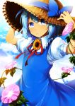  1girl adjusting_clothes adjusting_hat alternate_headwear arms_up blue_dress blue_eyes blue_hair blue_sky cirno clouds dress flower hat hat_ribbon hidden_star_in_four_seasons leaf looking_at_viewer plant puffy_sleeves ribbon short_sleeves sky solo sorakara straw_hat sunflower tan tears touhou vines 