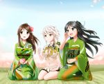  3girls adapted_costume akatsuki_hitoshi amagi_(kantai_collection) asymmetrical_hair black_hair blue_eyes blurry braid breasts brown_eyes brown_hair camouflage cherry_blossoms cleavage_cutout cloud_print crop_top depth_of_field flower green_kimono hair_between_eyes hair_flip hair_flower hair_ornament hair_ribbon hibiscus hip_vent japanese_clothes kantai_collection katsuragi_(kantai_collection) kimono large_breasts light_smile long_hair looking_up midriff mole mole_under_eye multiple_girls navel obi open_mouth ponytail remodel_(kantai_collection) ribbon sash seiza silver_hair single_braid sitting sky small_breasts unryuu_(kantai_collection) very_long_hair white_ribbon yellow_eyes 