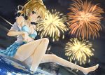  1girl bare_shoulders blonde_hair blush bra braid breasts brown_eyes chain-link_fence cleavage earrings fence fireworks highres hinabita izumi_ibuki jewelry kuria_(clear_trip_second) looking_at_viewer medium_breasts open_clothes ponytail pool sitting smile soaking_feet solo underwear 