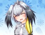  1girl blue_background blush breasts closed_eyes collared_shirt feathers g_(desukingu) green_eyes head_wings kemono_friends large_breasts looking_at_viewer necktie shirt shoebill_(kemono_friends) simple_background smile solo upper_body 