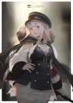  1girl border breasts character_name cleavage copyright_name earrings echosdoodle english fur_trim girls_frontline hat highres holding jewelry kar98k_(girls_frontline) long_hair long_shirt long_sleeves medium_breasts parted_lips peaked_cap rain red_eyes skirt solo vest white_hair wide_sleeves 