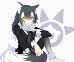  1girl animal_ears black_hair blue_eyes blush breasts cleavage fur_collar gloves grey_wolf_(kemono_friends) heterochromia kemono_friends large_breasts leafy26 long_hair long_sleeves looking_at_viewer multicolored_hair necktie skirt solo tail two-tone_hair wolf_ears wolf_tail yellow_eyes 