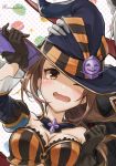  1boy 1girl animal_ears bare_shoulders beatrix_(granblue_fantasy) black_gloves blush breasts brown_eyes brown_hair cape cleavage dark_skin dark_skinned_male detached_sleeves erun_(granblue_fantasy) eustace_(granblue_fantasy) gloves grabbing granblue_fantasy halloween halloween_costume hat jack-o&#039;-lantern long_hair looking_at_viewer medium_breasts one_eye_closed open_mouth out_of_frame twitter_username uruha_(yw1109) wavy_mouth white_gloves white_hair witch_hat 