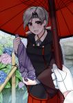  1girl bamboo bibitto blue_coat bottle chitose_(kantai_collection) flower grey_eyes headband hydrangea kantai_collection leaf offering oriental_umbrella rain sake_bottle silver_hair smile solo umbrella wrapping 