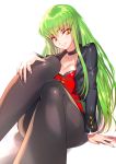  1girl :d alternate_costume arm_at_side black_bra black_choker black_jacket black_legwear blush bra bra_peek breasts buttons c.c. choker cleavage code_geass collarbone creayus cropped_jacket eyebrows_visible_through_hair fingernails flat_chest foreshortening green_hair hand_on_own_knee head_tilt highres jacket knee_up legs long_hair long_sleeves looking_at_viewer medium_breasts open_clothes open_jacket open_mouth pantyhose parted_lips red_vest shiny shiny_hair simple_background smile solo straight_hair tera_online underwear very_long_hair vest white_background yellow_eyes 